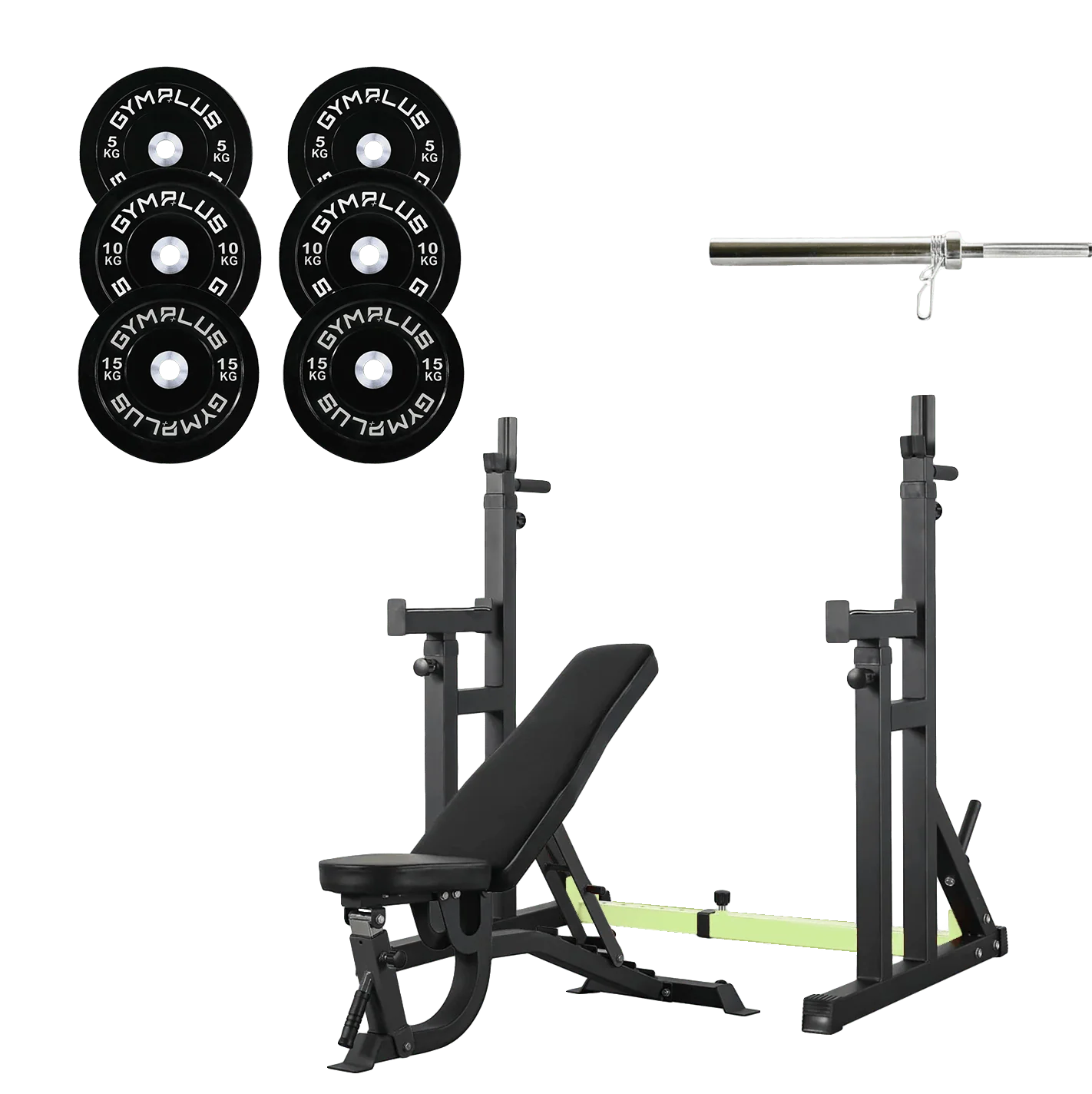 All-in-One Home Gym Lifting Starter Package - Bench, Rack, Barbell and Bumper Plates Set