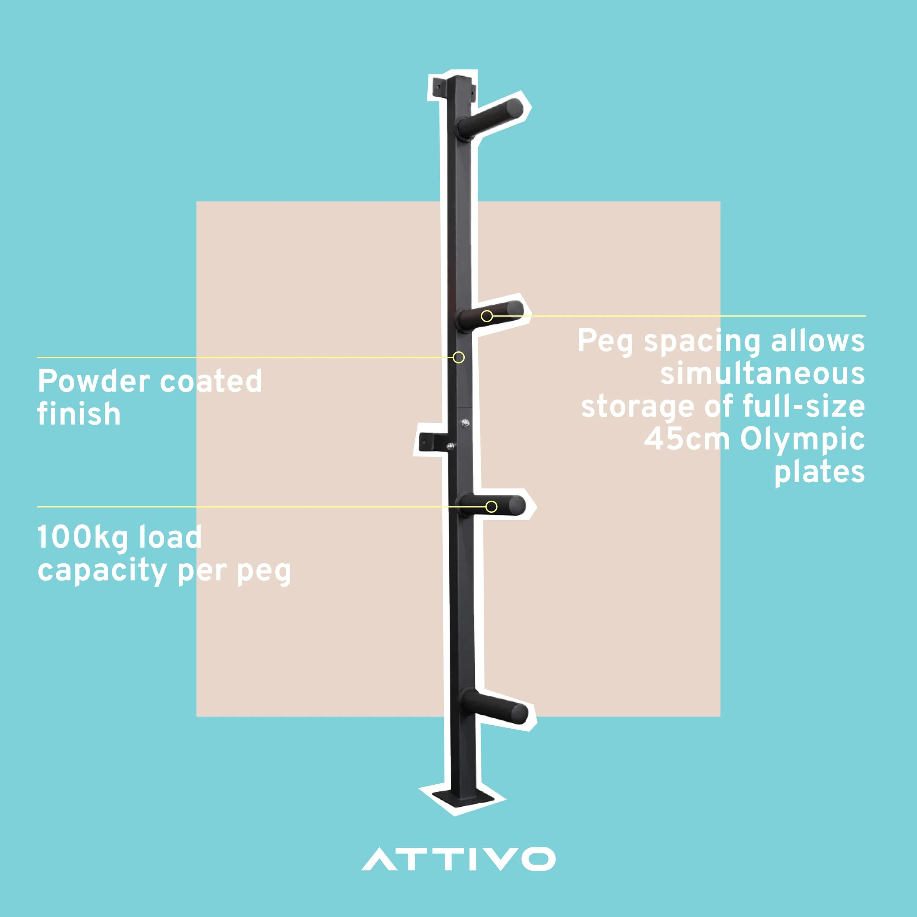 Weight Plate Storage Rack Wall Mounted Weight Plate Holder - 4 Pegs - Image 2